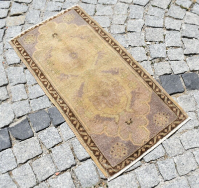 Vintage Turkish Rug 20''x38'' Anatolian Muted Dye Oushak Rug Small Low Pile Rug