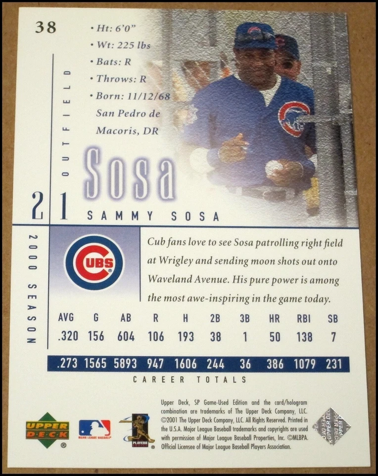 2001 SP Game Used Edition Sammy Sosa Baseball Card #38 Chicago Cubs NRMT / MINT - Image 3 of 3