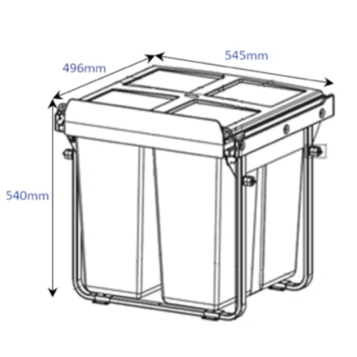 600mm Under Counter Bin Pull Out Kitchen Waste Recycling Cabinet 1x34L + 2x17L - Image 3 of 4