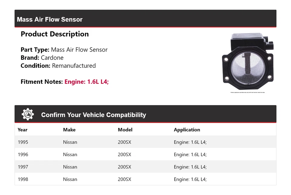 Sensor de flujo de aire de masa Cardone 1996 1997 para Nissan 200SX 1995-1998 1,6 L L4 Foto 2 de 4