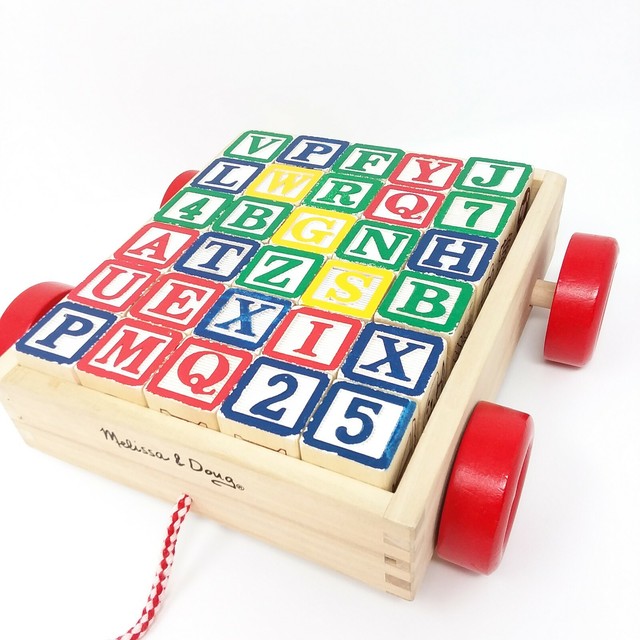 Melissa & Doug Classic ABC 123 Alphabet Wooden Block Cart 30 Wood