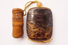 Inro 5 pieces with bamboo - Netsuke & Ojime Sagemono antique from Kyoto Japan...