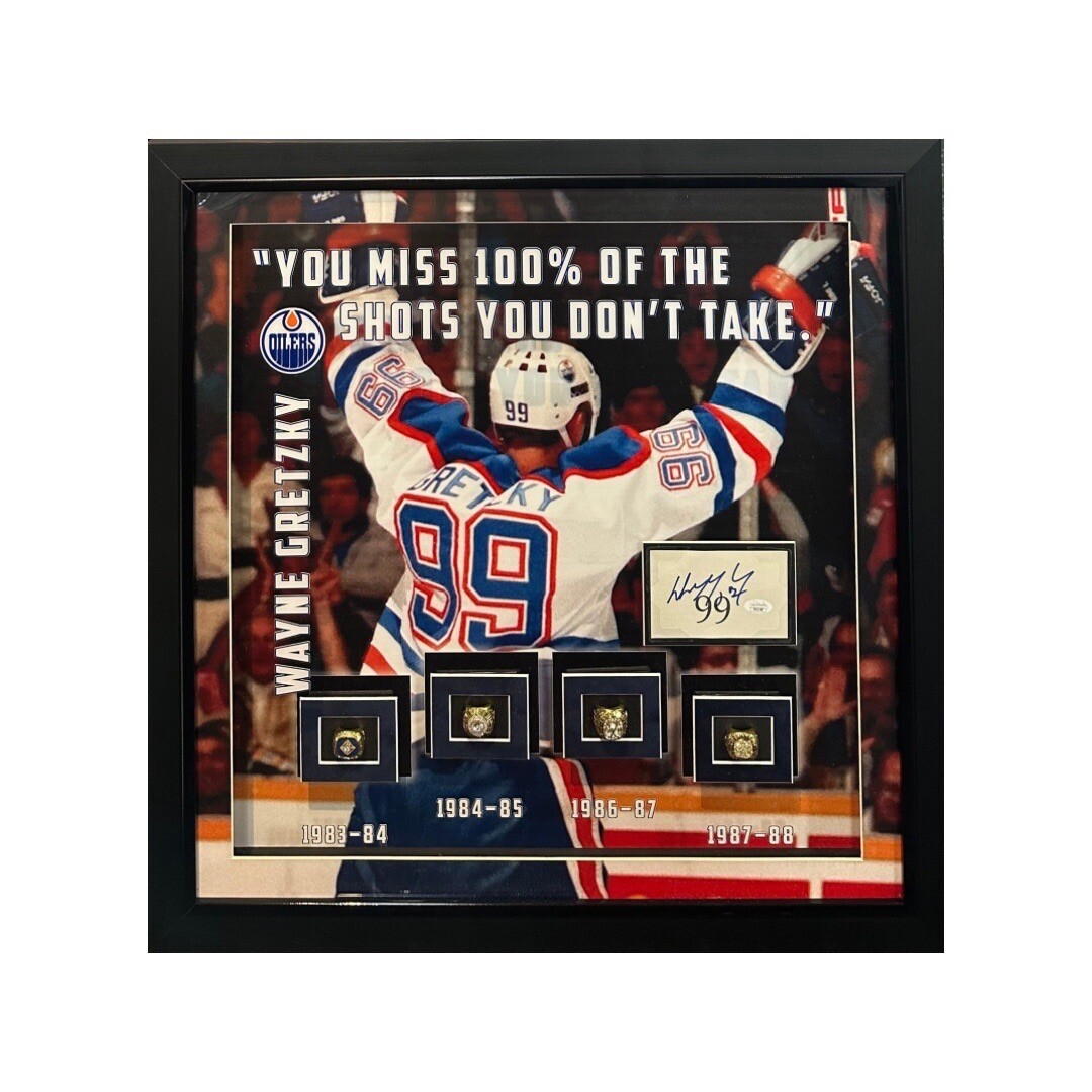 Wayne Gretzky Autographed Signed 3D Framed Stanley Cup Rings Photo Oilers Cut Auto JSA HOF 