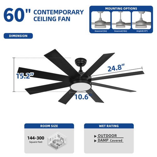 Poruace 60" Black Ceiling Fan 3 Color Temperatures Indoor Light Fan w/ 6 Speeds - Picture 3 of 17