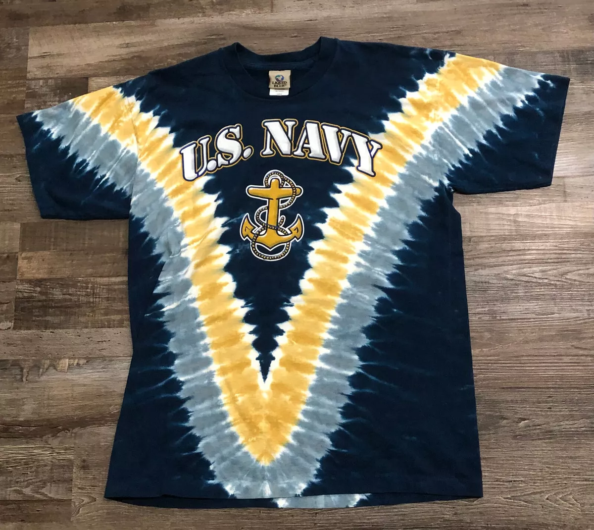 navy blue shirt with gold print