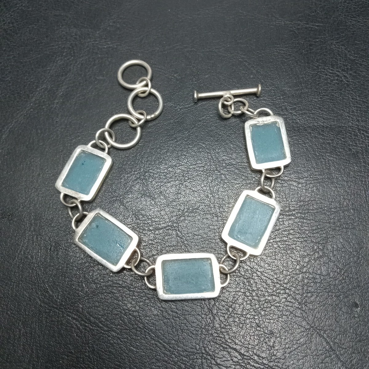 STERLING SILVER 925 Link Bracelet Rectangles Blue Opalescent