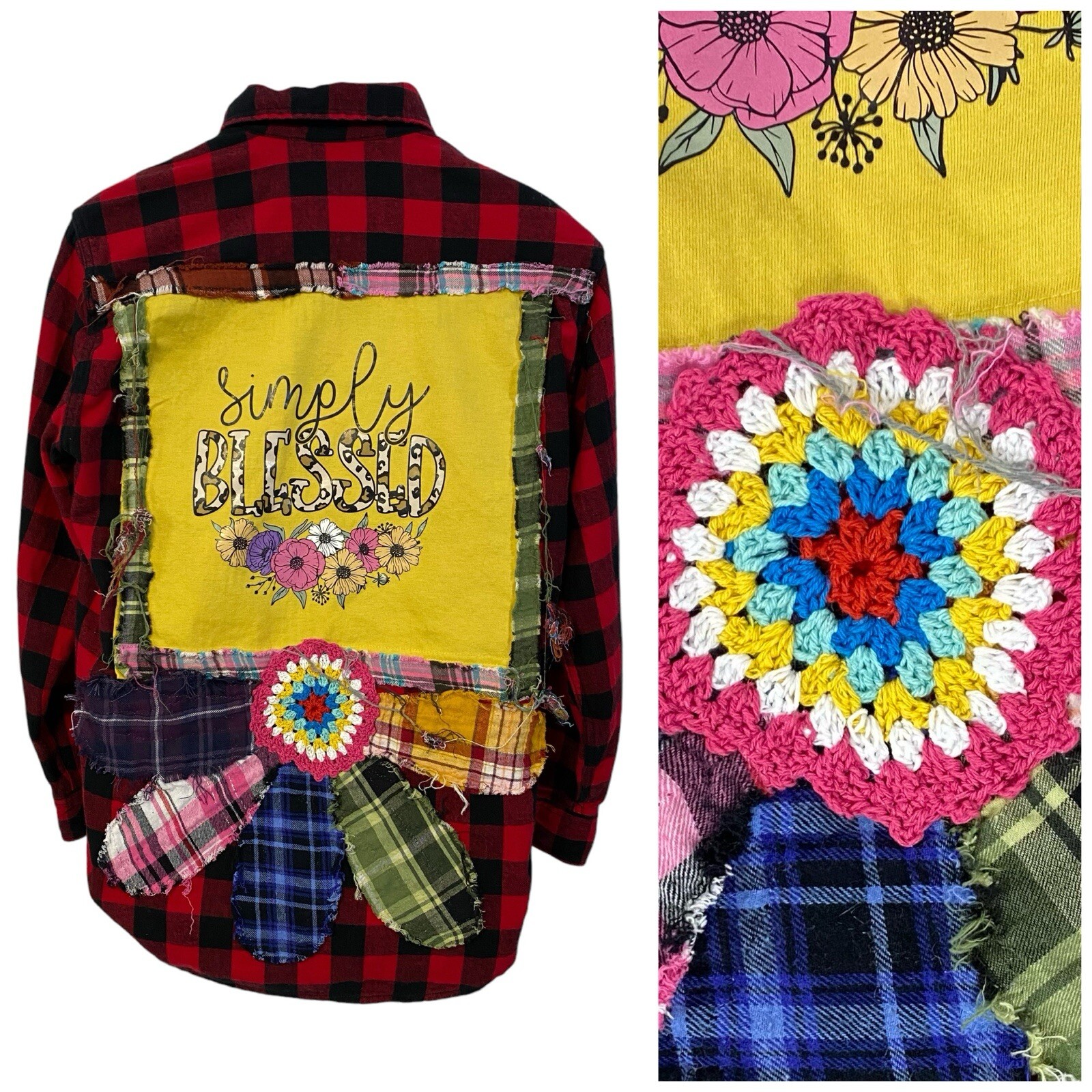 Upcycled Flannel Shirt Women Medium Shacket Red Blessed Grunge Christian Crochet-image