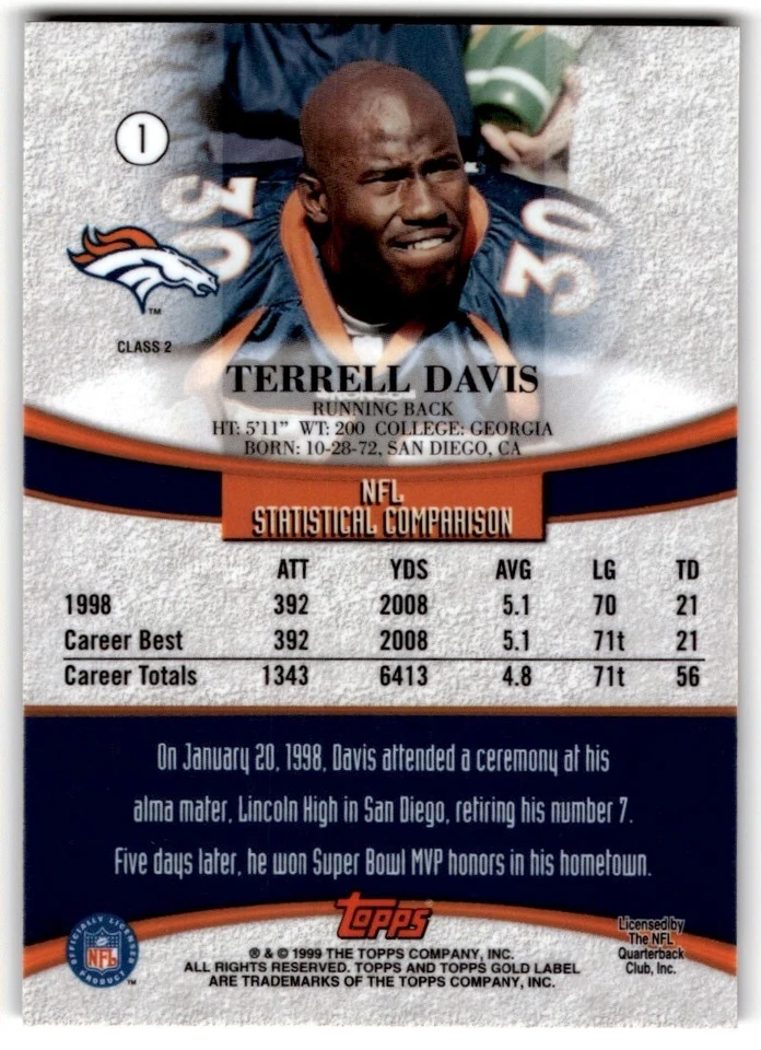 1999 Topps Gold Label Class 2 Terrell Davis #1 Denver Broncos - Image 2 of 2