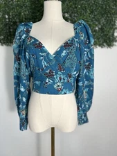 Band of the Free Womens Sybille Teal Floral Crossover Cropped Top Size Small NWT