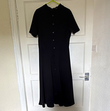 Boohoo Black Jersey Shirt Dress High Neck Short Sleeve Midi Button UK 14