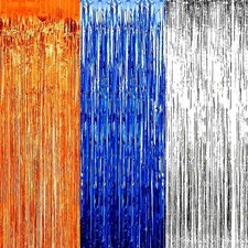 3pcs Blue Orange Silver Tinsel Foil Fringe Curtains Decorations,3.2ft x 8.3ft...