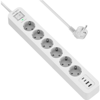 Power strip, 6 outlets, USB, 2 USB-C, wall mountable, 3680W, switch, white