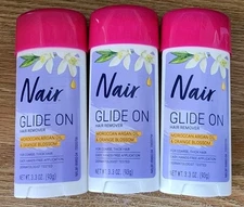 (3) Nair Hair Remover Glide On Stick Cream for Bikini Arms & Underarms 3.3 oz