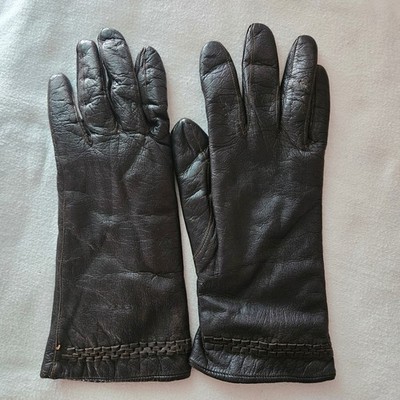 Vintage Dark Brown Leather Gloves White Fur Lined Woven Trim Size 7 Winter