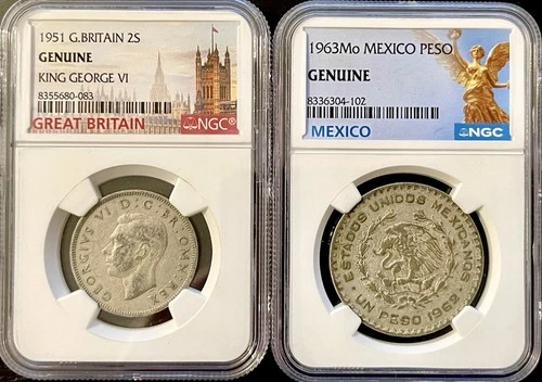 1951 Great Britain 2 Shillings + 1963 Mexico 1 Peso – NGC Graded World Coin Pair