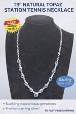 19” Natural Blue Topaz 11 Station Tennis Necklace Sterling Silver 24.68g