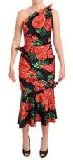 Dolce & Gabbana Black Shiny Silk Floral Print Draped Women's Dress