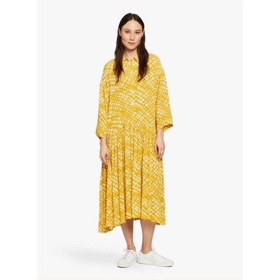 Masai Copenhagen Button Front Midi Dress Yellow Size M Abstract Grid Boho Scandi