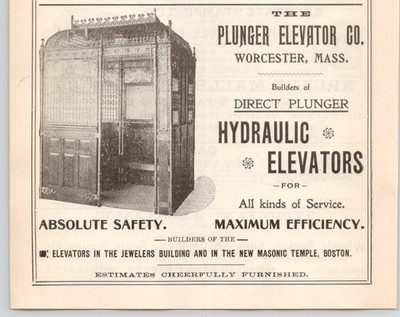 1902 Plunger Elevator Co  Worcester MA 4''H Print Ad