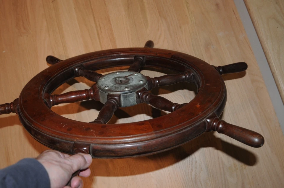 Vintage Wood Boat Ships Wheel Captions Helm Nautical Marina 27" Maritime Six Han - Image 4 of 4