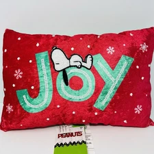 Peanuts Snoopy Christmas Decorative Pillow 18”x12” Joy Red Green Snowflakes NEW