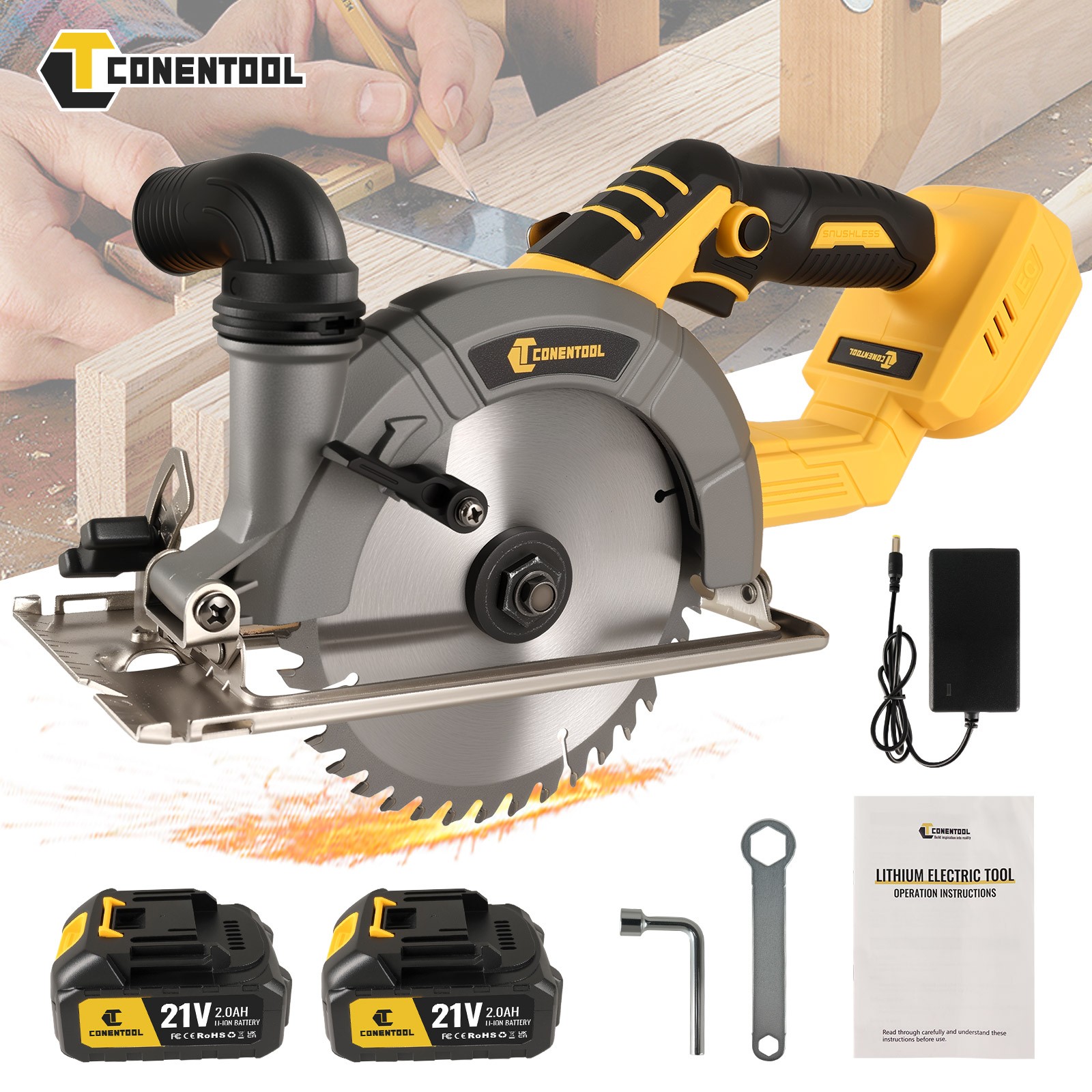 Conentool Cordless Circular Saw 21V 165mm 6900RPM Precision Wood Plastic Cutter