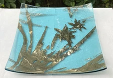 Annieglass Square Blue Glass 10” Plate With Silver Design