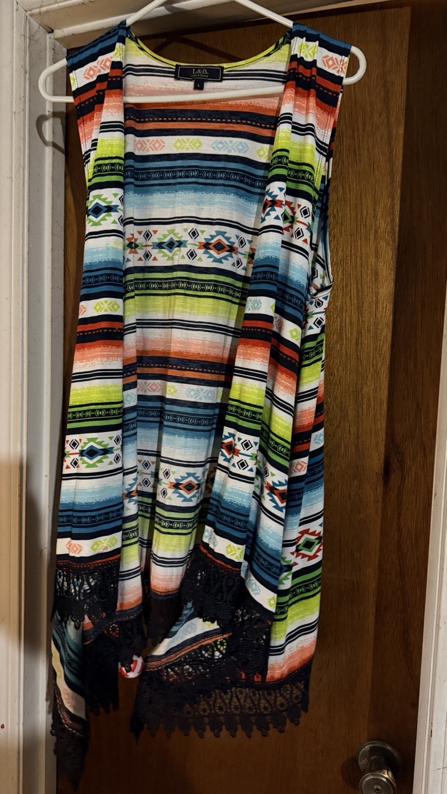 Women’s Southwest Aztec Western Long Vest w/ Black Lace Detail By Lucky &Blessed