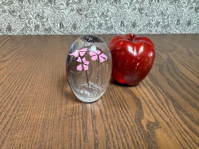 Daum Paperweight Art Glass Crystal Pink Flowers France 3 1/2'' Tall