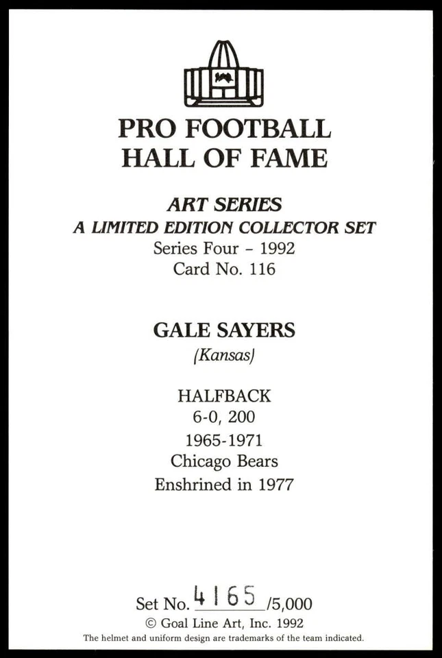 Gale Sayers 1992 Goal Line Arte Salón de la Fama #116 Osos Foto 2 de 2