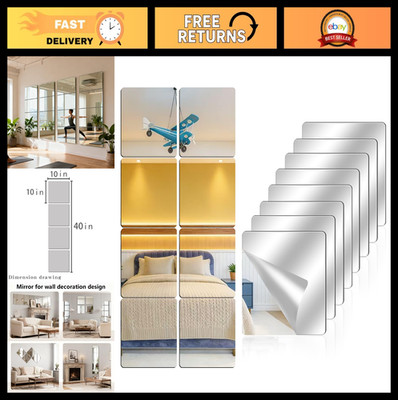 8 Pack Self-Adhesive Acrylic Wall Mirrors, 10x10 Inch Frameless Tiles for Home G