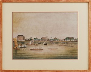 ANTIQUE CHINESE SCHOOL QING SEAL MARK View of the Hongs at Canton WATER COLOR