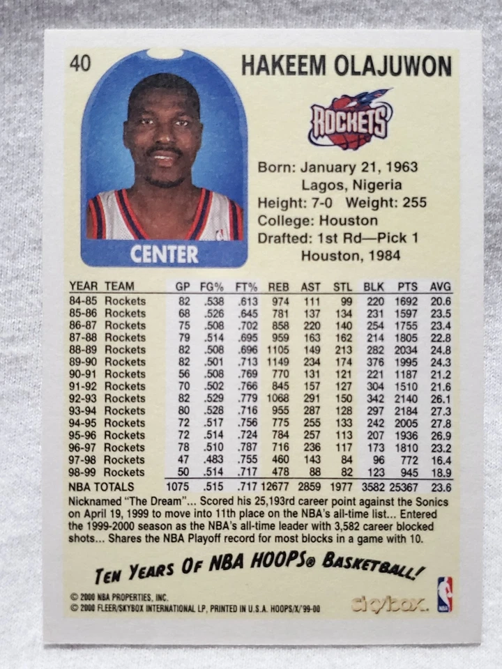 1999-00 Skybox NBA Hoops Decade Basketball Hakeem Olajuwon #40 Houston Rockets - Image 2 of 2