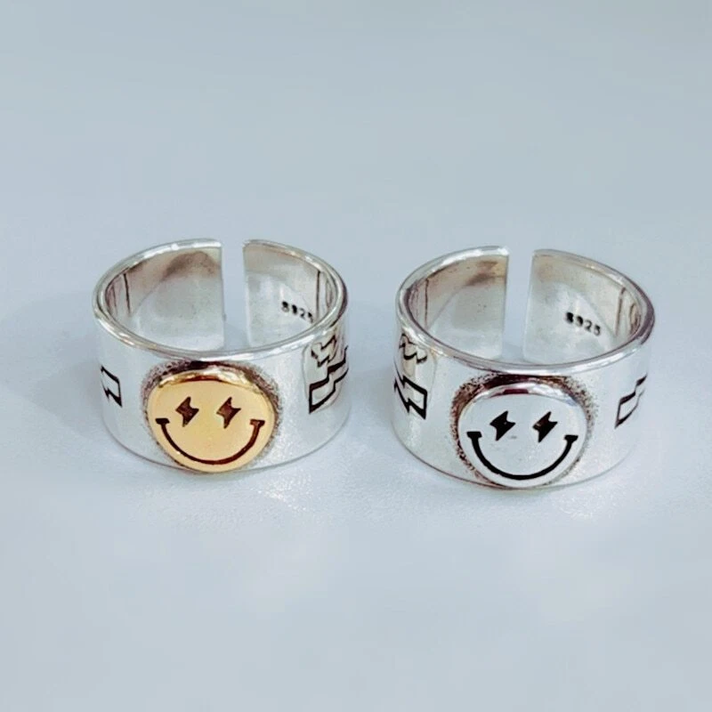 Sterling Silver Lightning Bolt Smiley Emoji Cuff Ring Silver