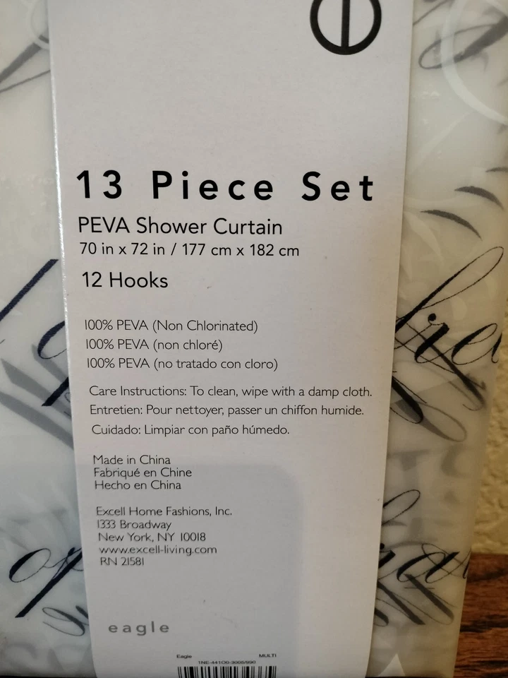 Excell Eagle 13 Piece Peva Vinyl Shower Curtain  70" x 72" 12 Blue Hooks "New" - Image 4 of 4