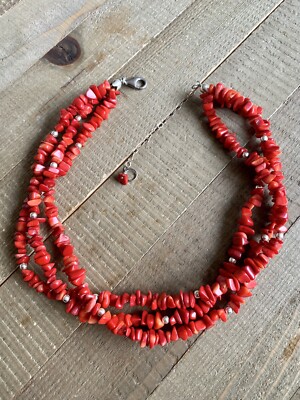 Vintage Red Coral Chip Triple Strand Necklace Sterling Silver 925 16-19  Inch
