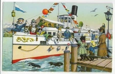 ALFRED MAINZER,HARTUNG DRESSED CATS~#4745 WATCHING CRUISE SHIP LEAVE-SWITZERLAND