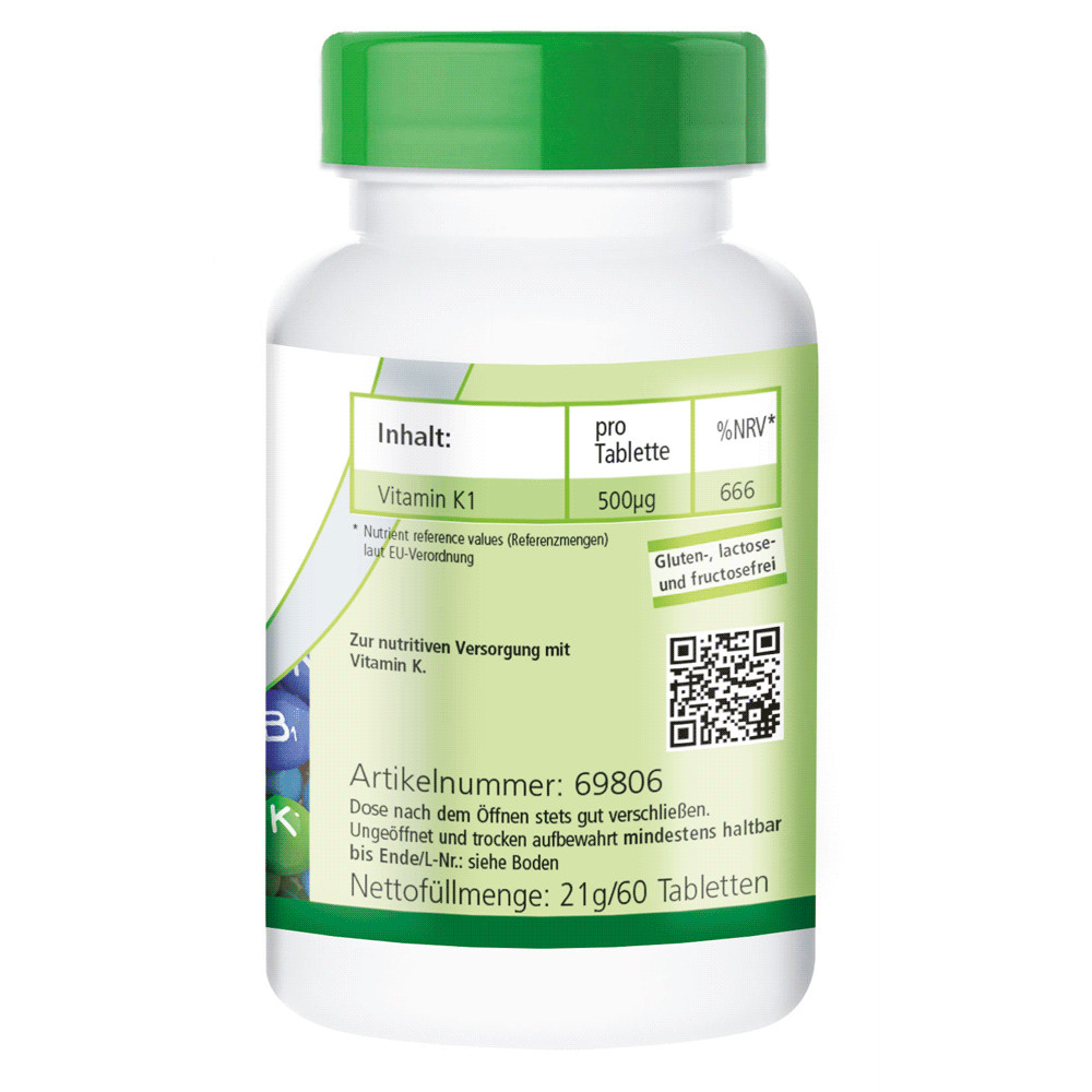 Vitamin K1 500 µg 60 Tabletten hochdosiert Phytomenadion VEGAN
