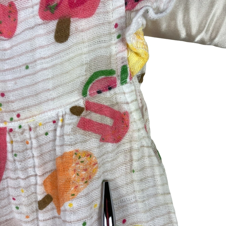 Vestido de musselina gaze estampa novidade picolé torta de lama bebê tamanho 0-3 meses branco - Imagem 4 de 4