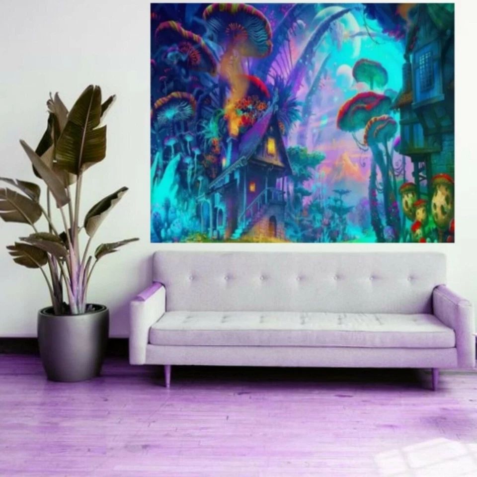 Tapiz colgante de pared setas pueblo hadas país de las maravillas 6,5 pies x 5 pies decoración del hogar Foto 2 de 4