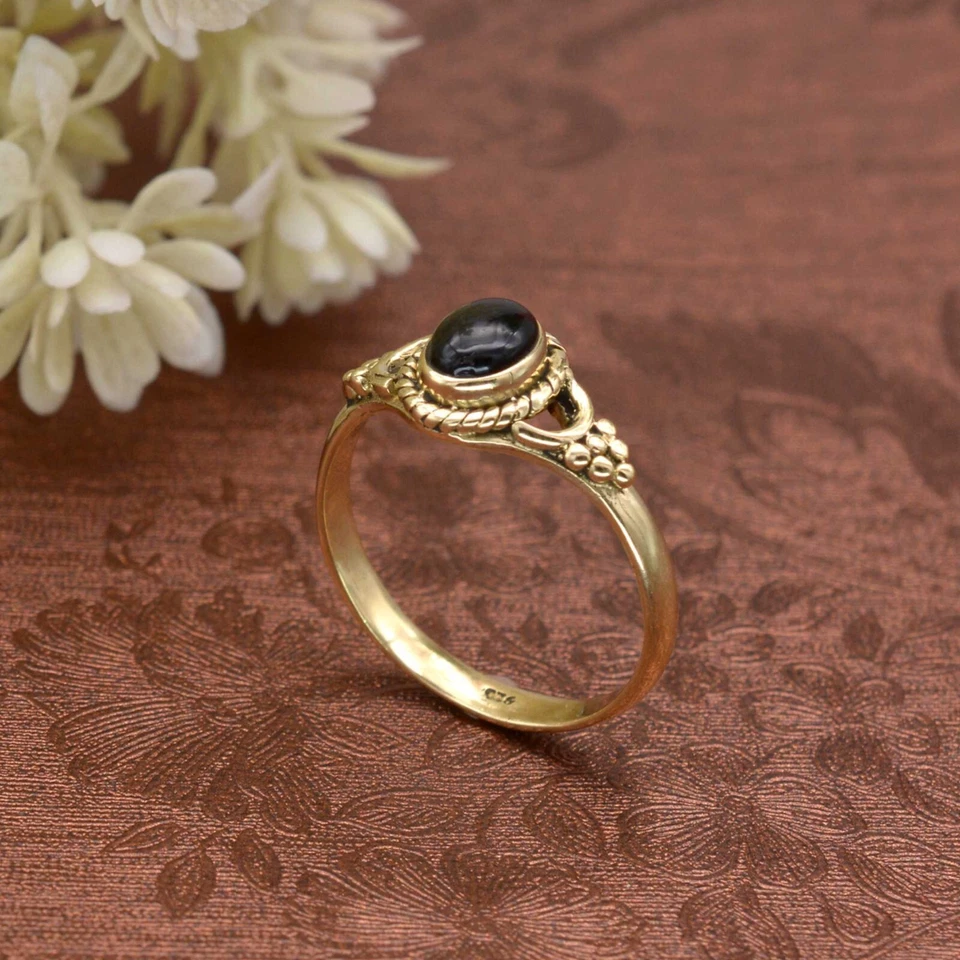 Black Onyx Ring Brass Gold Women Ring Promise Engagement Ring Gift For mother - Image 3 of 4