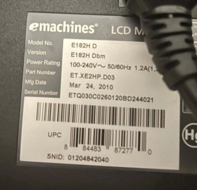 Emachines E182H D 19” LCD Widescreen Monitor - Image 4 of 4