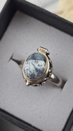 Opal Dendrite Locket Ring Size 6, Sterling Silver, Poison Ring, Vintage