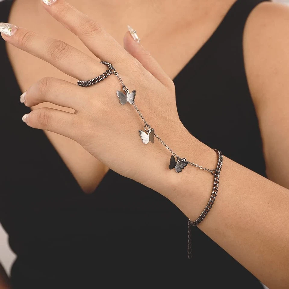 Cristal Negro Dedo Anillo Pulsera Cadena Esclava Estilo Retro Mariposa Colgante Han Foto 4 de 4