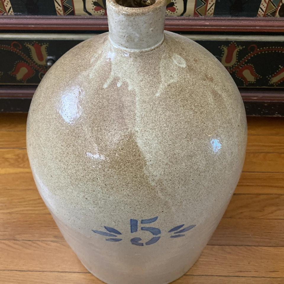 Antique STONEWARE 5 GAL. Whiskey JUG handmade formed handle Salt Glazed Blue 5 - Image 2 of 4