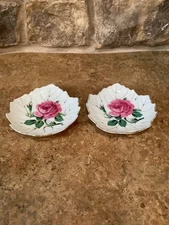 Vintage Nasco Trinket Dish Pink Rose Set Of 2 Leaf Shape Gold Paint 4.5" Japan