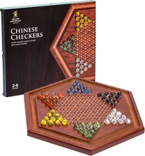 Yellow Mountain Imports Wooden Chinese Checkers Halma Board Game Set - 13.6-Inch