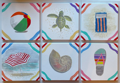 Original Artisan Set of Six 12''x12'' Colorful Seaside Beach Vibes!!  Seashell etc