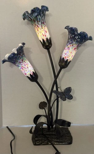 VTG BRASS Tiffany Style Table Lamp Multicolor Tulip Glass/ Mosaic Butterfly 22"