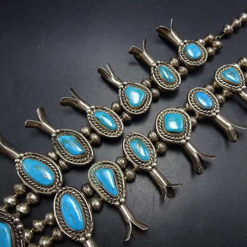 Precioso COLLAR VINTAGE de plata esterlina de los años 70 con gema azul turquesa flor de calabaza - Imagen 14 de 18